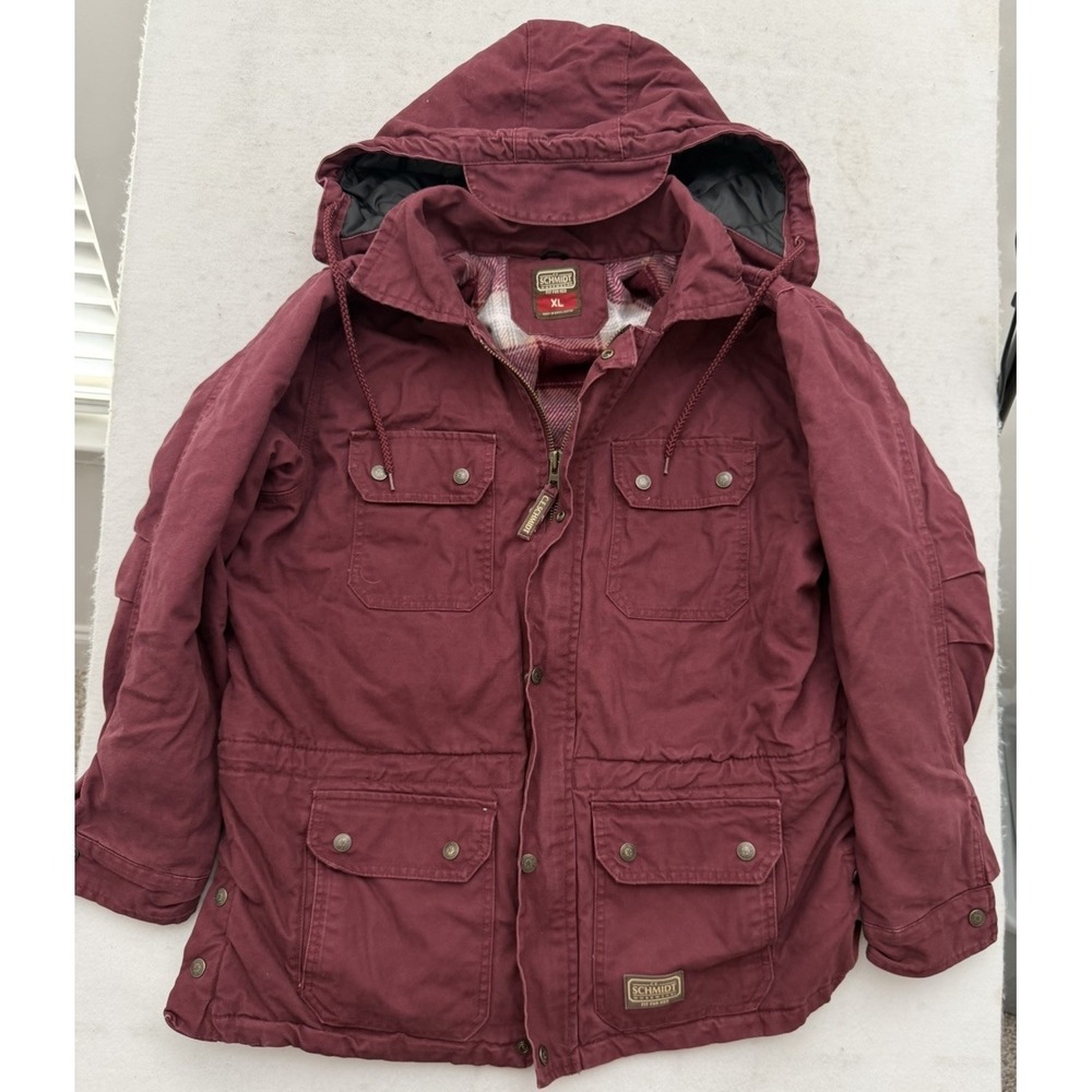 Schmidt Workwear Jacket Womens XL Red Hooded Canvas Quilt Flannel Carhartt Style